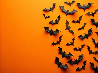 Naklejka premium Festive Flat Lay of Black Paper Bats on Orange Background for Halloween Decorations