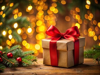 Festive Gift Box with Red Ribbon and Christmas Tree Bokeh - Low Light Photography for Holiday Cheer