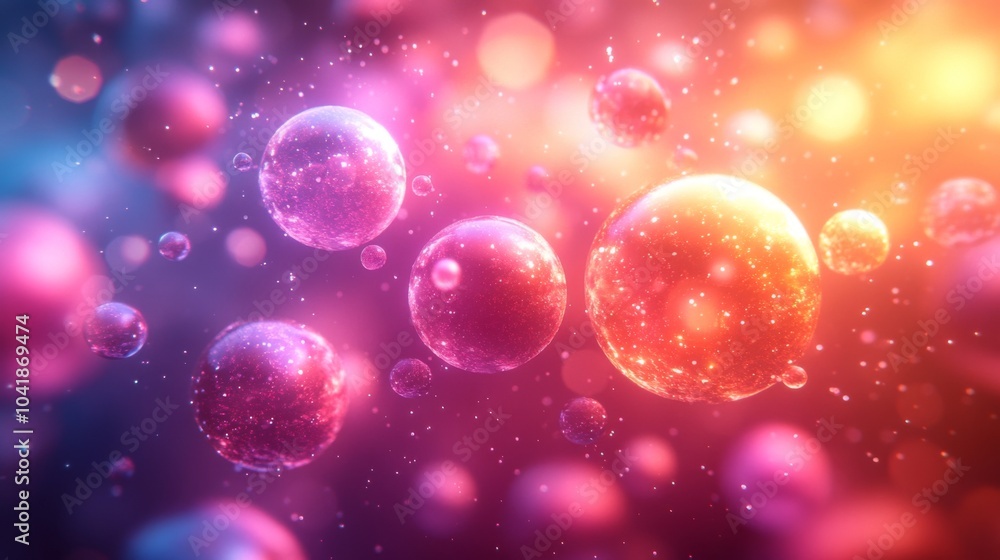 Fototapete Colorful spheres float against a dynamic background of brilliant lights, creating a mesmerizing effect reminiscent of a galaxy in a digital art style.