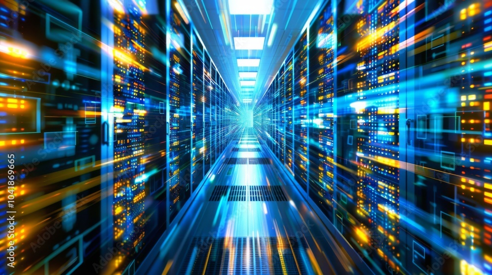 Poster visualization of cybersecurity in a telecommunications hardware setup.