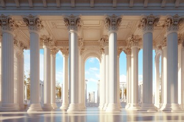 Fototapeta premium Stunning classical architecture featuring grand columns under a luminous sky in a serene setting
