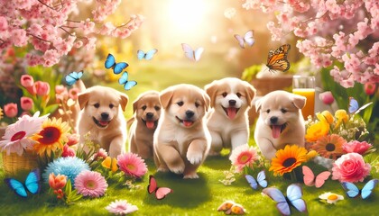 Fototapeta premium Adorable Puppies Playing in a Vibrant Spring Garden with Butterflies