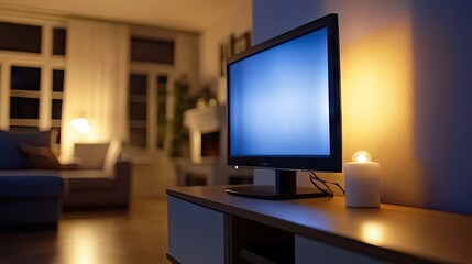 Fototapeta premium A modern flat-screen TV turned off, resting on a wooden media stand in a stylish living room. Soft lighting adds warmth to the space. --chaos
