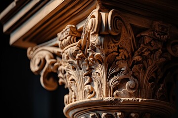 Intricate wooden column showcasing detailed carvings at a historic site during golden hour