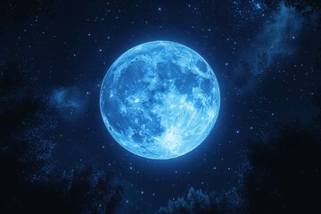 Fototapeta premium A blue moon glowing in the dark sky, surrounded by twinkling stars, creating a cinematic and epic atmosphere.