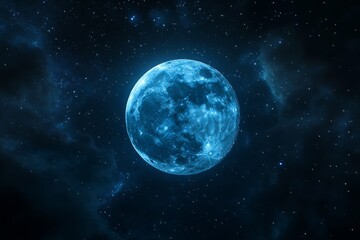 Fototapeta premium A blue moon glowing in the dark sky, surrounded by twinkling stars, creating a cinematic and epic atmosphere.