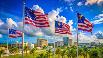 Flags of Guam and the US Waving in the Breeze on a Clear Day - Urban Exploration Photography