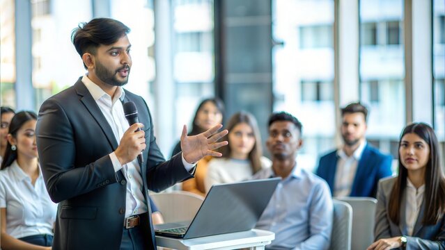 Indian Speaker Addressing Audience in Conference Room
