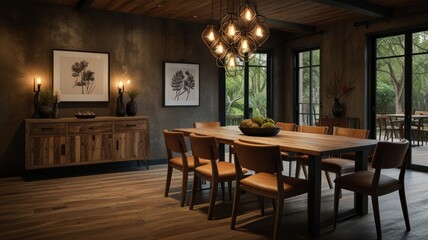 Fototapeta premium A modern dining room with a long wooden table, leather chairs, and a rustic cabinet. The room has large windows that look out onto a patio and garden.