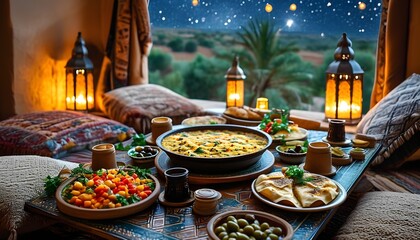A low table adorned with traditional Moroccan dishes like vegetable couscous, steaming tagines, and small plates of olives and flatbread