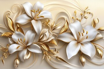 Fototapeta premium Golden leaves beautifully contrast with blooming stucco lilies.