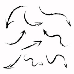 A collection of hand-drawn arrows in different directions and different thicknesses. The arrows are drawn with a dry brush. Vector graphics. EPS 10