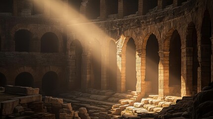 Sunbeam piercing through ancient ruins of a Roman amphitheater, worn stones and arches illuminated in a majestic scene