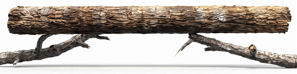 Fototapeta premium Rustic Brown: A wooden log, weathered and worn, precariously balanced on a branch before it slowly rolls and falls to the ground with a thud.