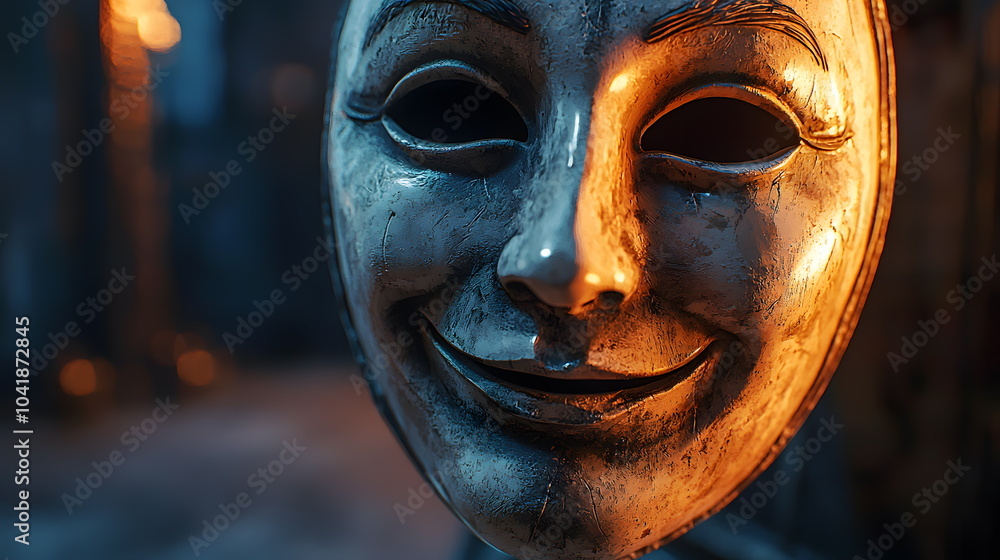 Poster Exploring the intricate details of an artistic smiling mask a closeup journey into emotion and expression