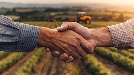 Close-up of two hands shaking with a farming landscape and machinery in the distance, concept of rural collaboration and cooperation