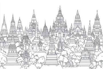 flat asset sheet, multiple assets in a row, black and white Outline fantasy temples and towers, white background