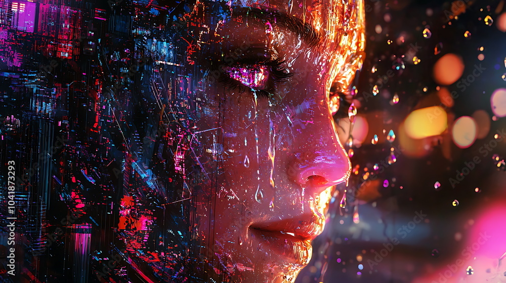 Poster exploring the depths of emotion a digital portrait of a woman embodying vibrant visual elements and 