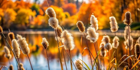 Fluffy Cattails and Reeds Waving in Autumn Breeze by Riverbank - Nature Close-Up Photography