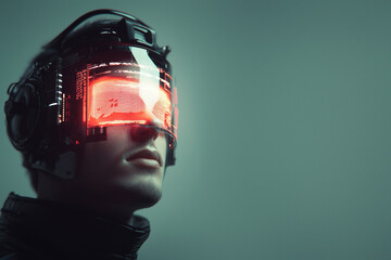 Futuristic helmet with red glowing digital visor set