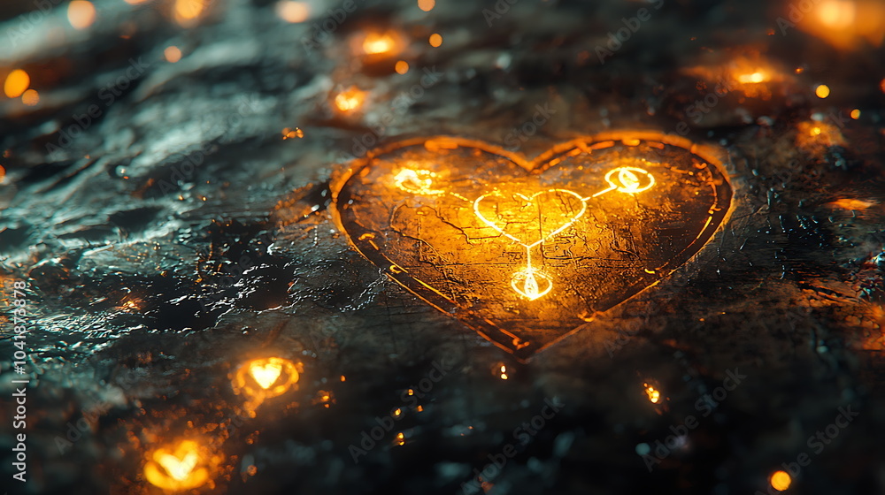 Poster illuminated heart symbol on textured surface creating a warm and emotional atmosphere in abstract ar