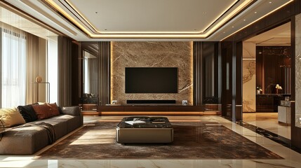 A modern TV screen on a media stand in a tastefully decorated living room, with ambient light creating a warm and inviting environment. --chaos