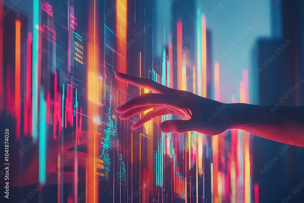 Poster exploring the future human interaction with digital interfaces in a vibrant technological landscape
