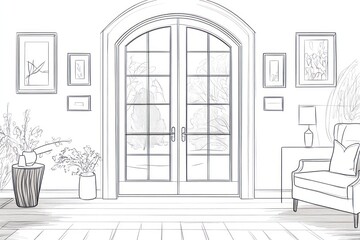 Full shot, front view, line art illustration of a french door with a slight arc inside a living space. Pictures and paintings on the wall. 