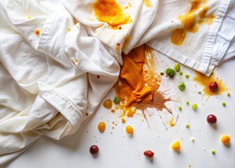Food and Drink Stains on White Cotton Fabric - Low Light Photography of Spilled Marks on Clothing for
