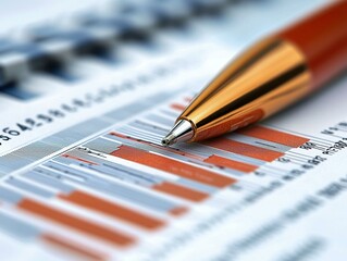 Fototapeta premium Close-up of a pen on a financial report, depicting intricate data analysis for investment strategies. Ideal for showcasing meticulous financial planning.