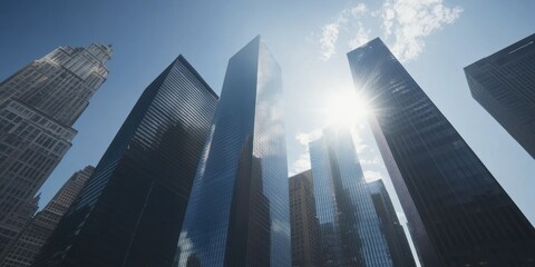 A dramatic view of skyscrapers under a bright sky, showcasing urban architecture.