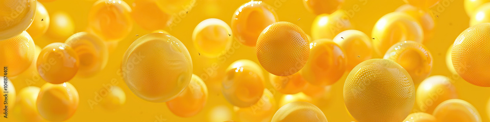 Poster warm yellow: a group of yellow orbs clustered together, some tumbling and others rolling as they int