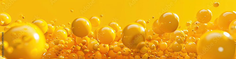 Poster warm yellow: a group of yellow orbs clustered together, some tumbling and others rolling as they int
