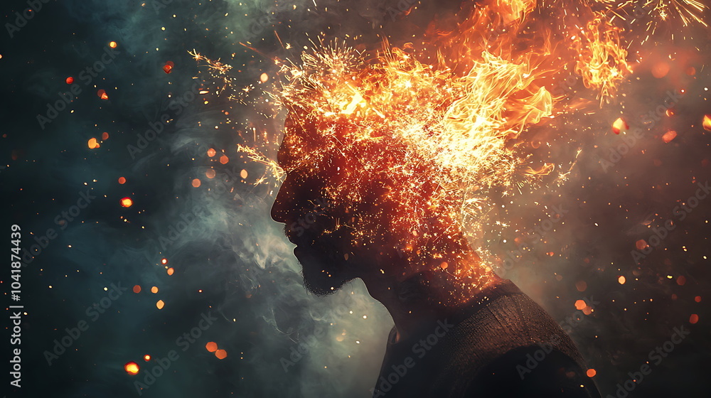 Poster a captivating creative portrait of a person with a fiery head merging imagination and emotion in a s