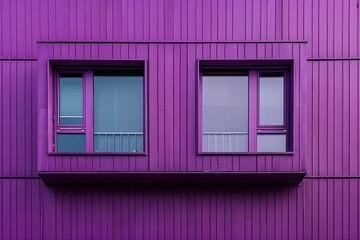 A purple building with two windows and a fire hydrant
