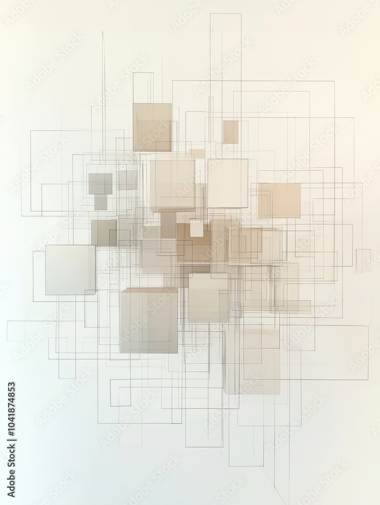 Poster An arrangement of cubes in different sizes and shades is interconnected by diagonal lines on a soft, light background. Generative AI