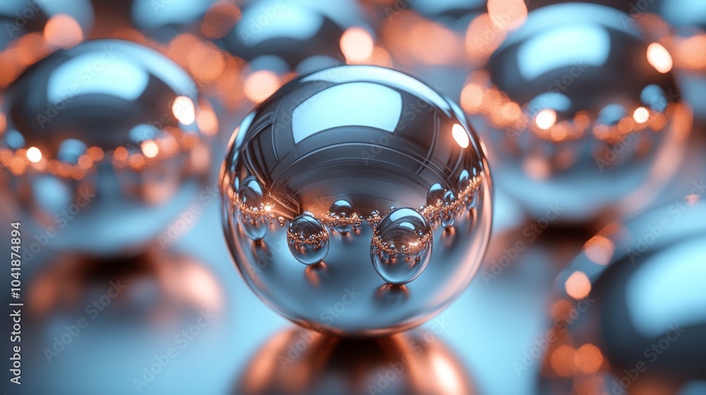 Poster A collection of shiny metallic spheres is clustered together on a reflective surface, illuminated by soft blue light that enhances their glossy appearance.
