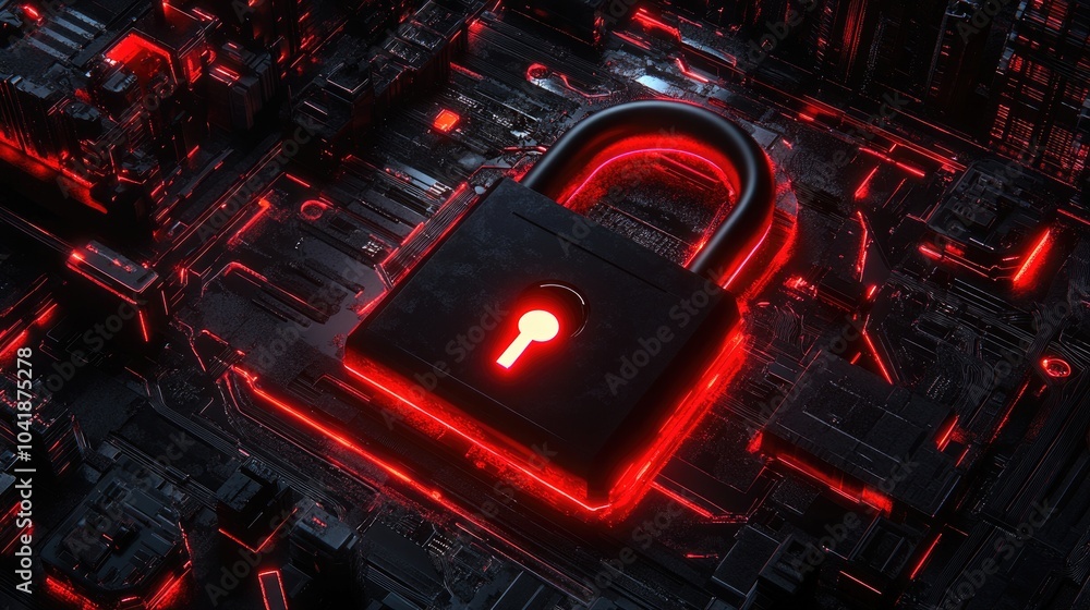 Poster cybersecurity concept with digital lock and circuit board