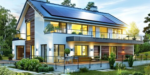 Obraz premium A stylish, eco-friendly house with solar panels on the roof, surrounded by lush greenery, representing sustainable living.