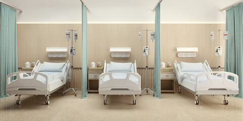 Hospital room with 3 beds and wooden decoration.3d rendering