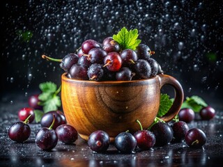 Fresh Black Gooseberries with Water Drops in Wooden Cup on Dark Background for Food Photography