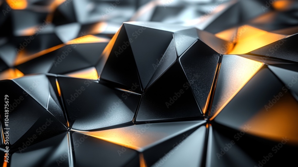 Poster The artwork features a detailed view of a black metallic surface, highlighting sharp, angular shapes. Illuminated edges create a striking contrast, emphasizing the intricate texture and depth.