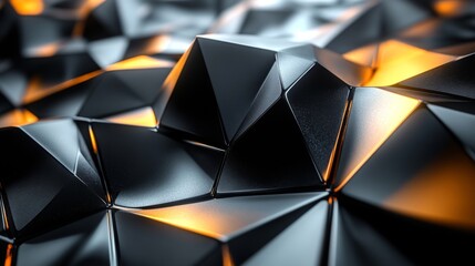 The artwork features a detailed view of a black metallic surface, highlighting sharp, angular shapes. Illuminated edges create a striking contrast, emphasizing the intricate texture and depth.