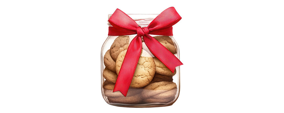 Cookie jar with red ribbon, white isolate background