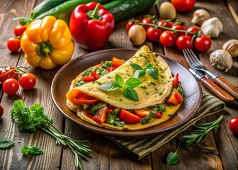 Fresh French Omelet with Colorful Vegetables - Healthy Vegetarian Breakfast Delight