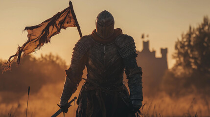 A medieval knight on horseback, armor glinting in the morning sun, gallops toward the battlefield, leading his men with the valor and chivalry that defined the warriors of the Middle Ages.