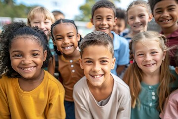 Obraz premium A joyful and vibrant group of multiethnic children smiling and enjoying their time outdoors in a schoolyard. 