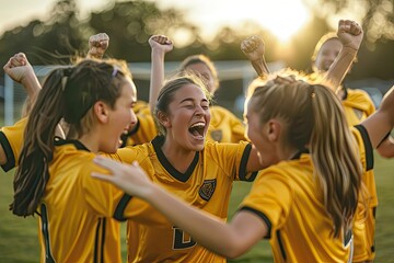 A team of young girls in yellow soccer uniforms enthusiastically celebrating their victory under the sunset.
