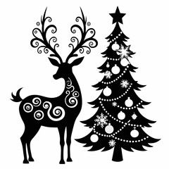 Reindeer and Christmas Tree Silhouette Vector – Festive Design Inspiration. deer with Christmas tree silhouette vector illustration