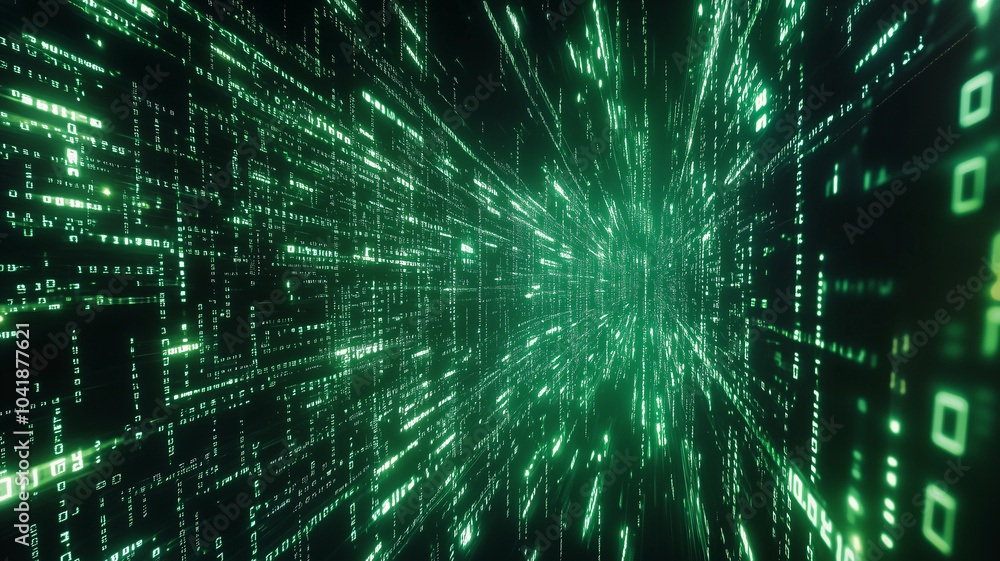 Poster futuristic digital code rain: matrix-inspired glowing green binary stream background or banner